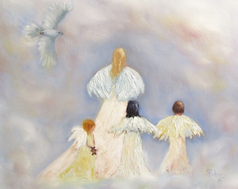 Angels, cherubs, children, woman, dove, bird, heaven, original oil painting, CUSTOM ORDER