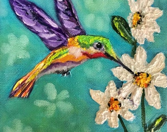 Hummingbird, Shasta Daisies, flower, bird, animal, impressionism, Canvas Print, Giclée