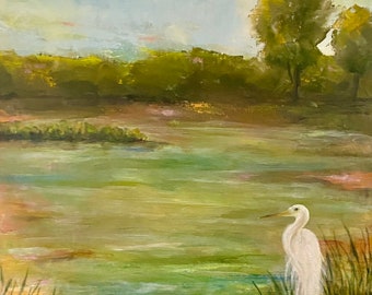 White egret, bird, landscape, marshland, swamp, southern scene, original oil painting