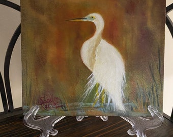 White egret, bird, animal, marsh, original oil painting, small art