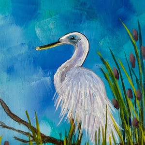Egret bird swamp river landscape original small oil painting