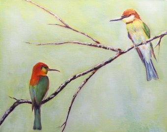 Birds, wildlife, Chestnut Headed Bee Eaters, impressionism, Canvas print of original oil painting