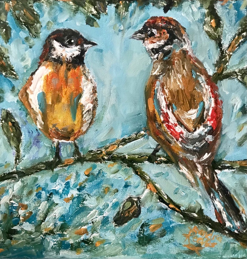 Birds, wildlife, animals, textured, palette knife art, print on canvas of original oil painting image 1