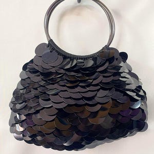 Black Sequin Evening Clutch Bag – Handmade Purse with Metal Handle