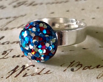 Red, White and Blue Glitter Adjustable Ring