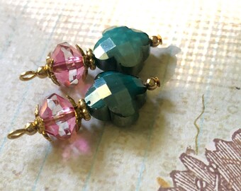 Faceted Glass / Pink and Blue Green / Gold Accents / Dangle Charm / Make Super Quick Earrings or Necklaces