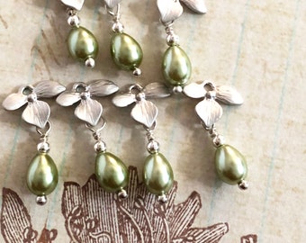Sage Green Glass Pearl Drops / 7 Pieces / Dangle Charm / Make Super Quick Earrings or Necklaces