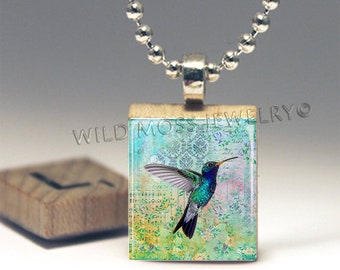 Beautiful Blue Hummingbird Scrabble Tile Art Pendant Necklace - Buy Two Get One Free