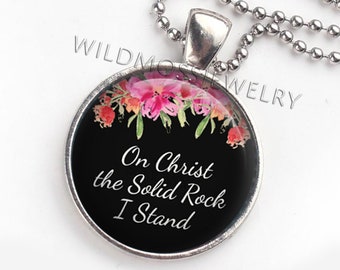 On Christ the Solid Rock I Stand Glass Pendant Necklace 24" Chain