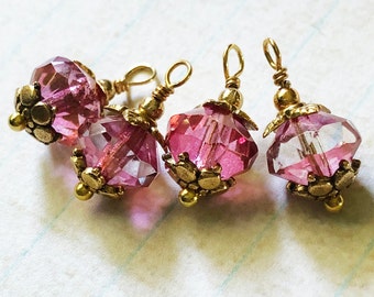 Pink Faceted Glass with Gold Accents / Dangle Charm / Make Super Quick Earrings or Necklaces