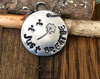 Hand Stamped Just Breathe Silver Necklace