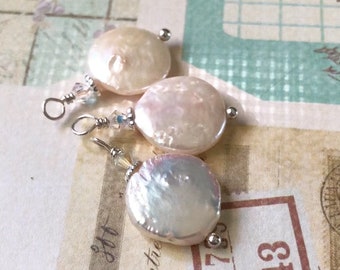 Genuine Freshwater Pearl and Swarovski Crystal Drops / 3 Pieces / Dangle Charm / Make Super Quick Earrings or Necklaces