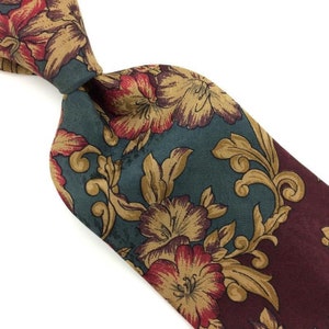 Halston III Usa Tie Brown Gold Red Grn Silk Necktie Floral Brocade #I22 Vintage