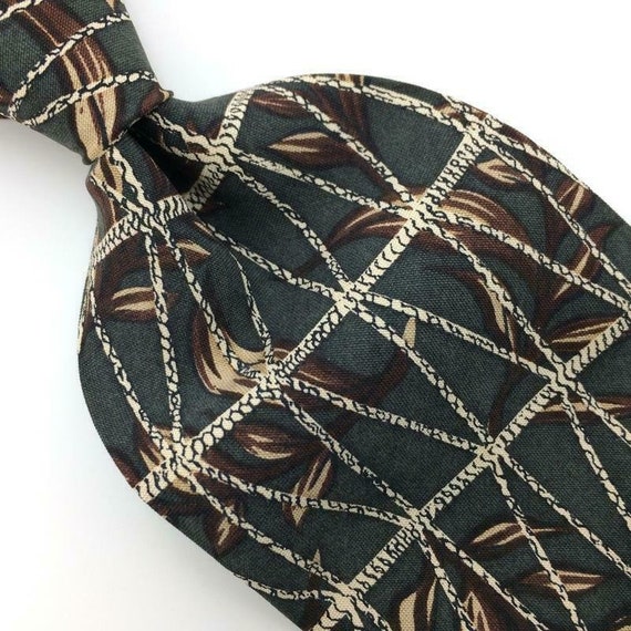 Robert Stock Tie  Olive Green Brown Stripe Leaves 