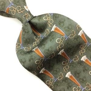 American Lifestyle Tie Flute Glass Silk Necktie Olive Green Brown Rings #I21