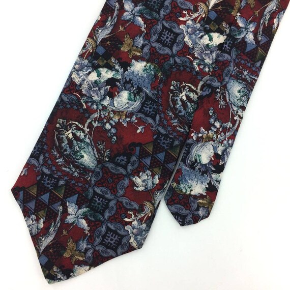 Status Tie Floral Art Deco Maroon Gray Black Silk… - image 2