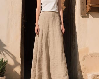 Falda larga de lino para mujer, cintura alta, corte en A, suave, ideal para el verano, estilo bohemio.