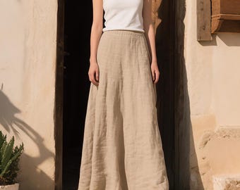 Cotton Linen Maxi Skirt: High Waist A-Line Soft Summer Skirt