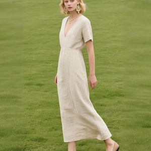 Linen Maxi Dress: V-Neck Cotton Blend Summer Dress