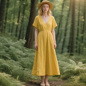 Linen  Yellow Dress Midi Length V Neck Short Sleeve Elastic Waist Soft Flowy Look Nature Style Customize Plus Size Dress