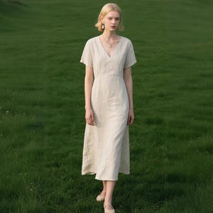 Linen Midi Dress: V-Neck Cotton Blend A-Line Dress