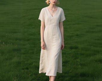 Linen Midi Dress: V-Neck Cotton Blend A-Line Dress