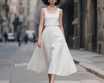 White Cotton Linen Midi Skirt: High Waist A-Line with Pockets