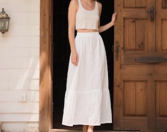Cotton Linen Maxi Skirt: Tiered A-Line Skirt with Pockets