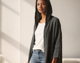 Lightweight Cotton Linen Fall Coat - Longline Hooded Cardigan