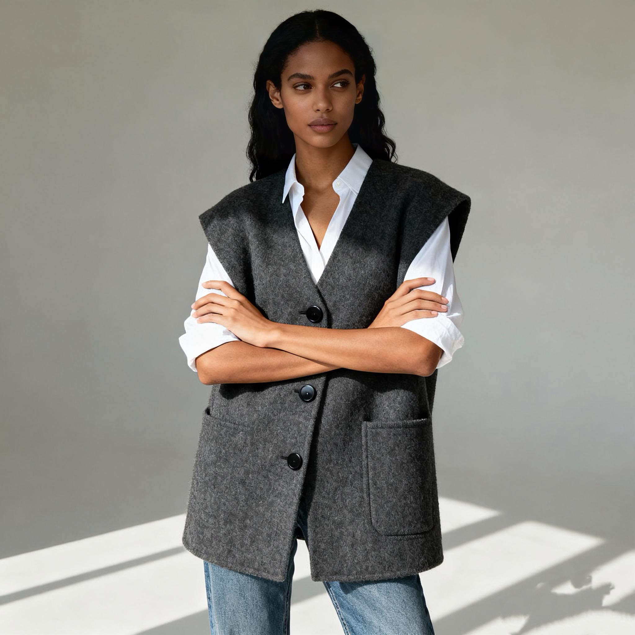 Gilet Sans Manches Femme En Grosse Maille - Long, Chaud Et Léger, Style Cardigan Doudoune - Noir, Idéal Pour L'hiver