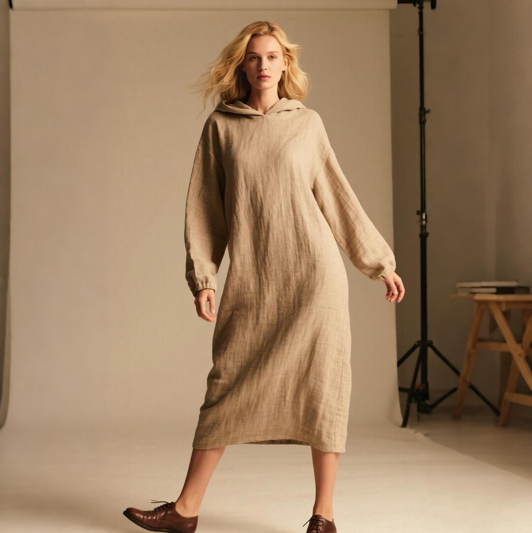 knee length dresses for ladies Black Linen Hoodie Dress with Zipper made of Pure Linen