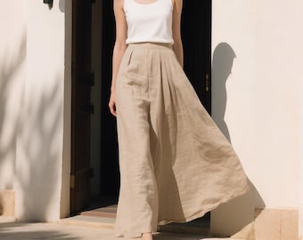 Falda de lino y algodón con cintura alta: falda fluida de estilo vintage con bolsillos