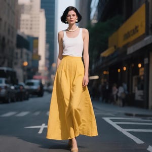 Yellow Linen Cotton Maxi Skirt: High Waist Flowy Summer Style