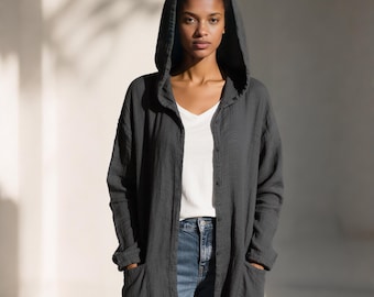 Hooded Cotton Linen Coat with Buttons and Pockets  Longline Fall Coat for Daily Wear