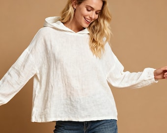 Weißer Leinen Baumwoll Hoodie: Entspannter Fit Langarm Pullover