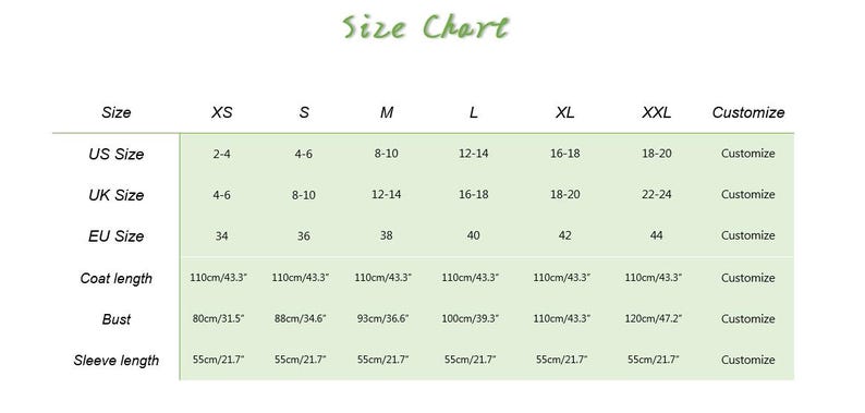 May include: A size chart with measurements for clothing, including US, UK, and EU sizes. The chart lists coat length at 110cm/43.3", bust measurements from 80cm/31.5" to 120cm/47.2", and sleeve lengths of 55cm/21.7".