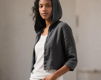 Hooded Linen Cotton Cropped Jacket: 3/4 Sleeve Lightweight Coat