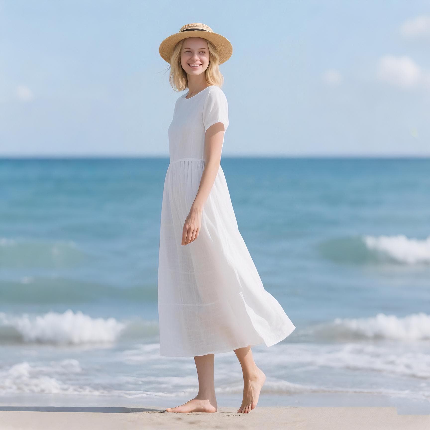 White Cotton Linen Midi Dress: Short Sleeve Summer Beach Dress