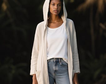Hooded Linen Cotton Blend Long Coat: Open Front Casual Jacket