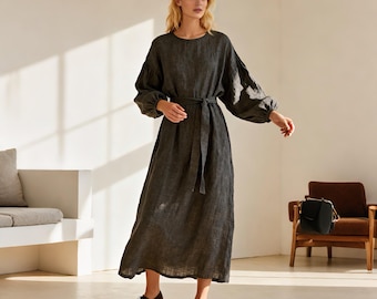 dark gray midi dress Midi Dress With Shoulder Pleat Detail - Dark Grey - 2 - Massimo Dutti