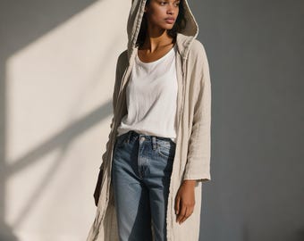 Cotton Linen Hooded Coat: Open Front Minimalist Autumn Cardigan