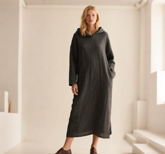 Cotton Linen Long Hoodie Dress: Relaxed Fit Maxi with Pockets