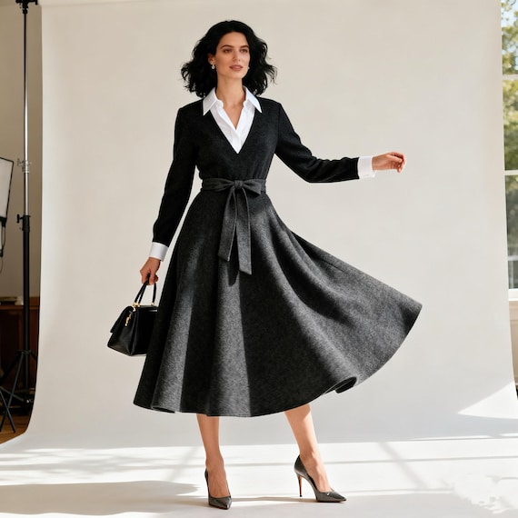 Wool Maxi Dress for Women,Black Grey Long Sleeve V Neck Belted Dress, Boho Vintage Winter Workwear, Warm Elegant Wool Blend Dress