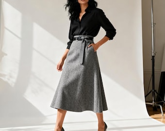 Asymmetric Wool Wrap Skirt - A-line Midi for Autumn and Winter