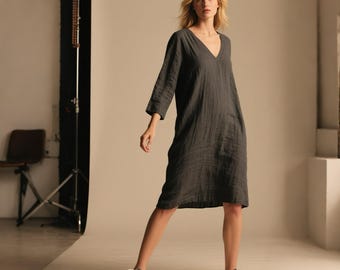 Linen Cotton Midi Dress: Women's Dark Gray V-Neck 3/4 Sleeve with Pockets
