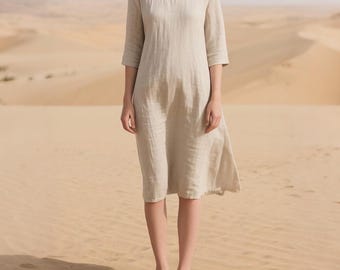 Linen Blend Midi Dress: 3/4 Sleeve Beige Cotton-Linen Casual Dress