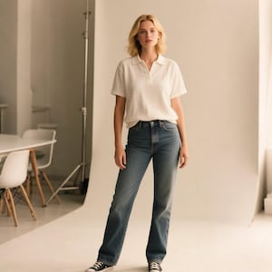 May include: A person wearing a white polo shirt with a collar and short sleeves, paired with blue jeans. The person is also wearing black and white trainers. The background is a studio setting with a white backdrop.