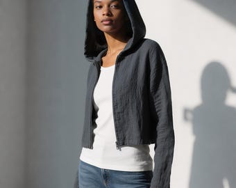 Women’s Cotton Cropped Hooded Jacket With Zipper, Long Sleeve Lightweight Casual Hoodie Coat Outerwear