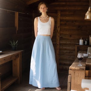Blue Linen Cotton Skirt With Elastic Waist, Minimalist High Waist A-Line Skirt With Pockets, Flowy Midi Skirt For Summer Spring