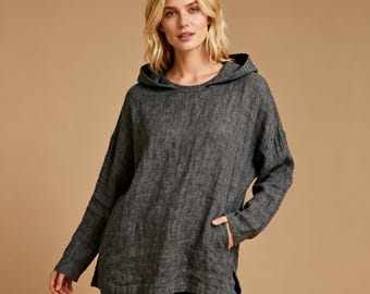 Leinen Baumwoll Hoodie: Langarm Minimalist Pullover Top
